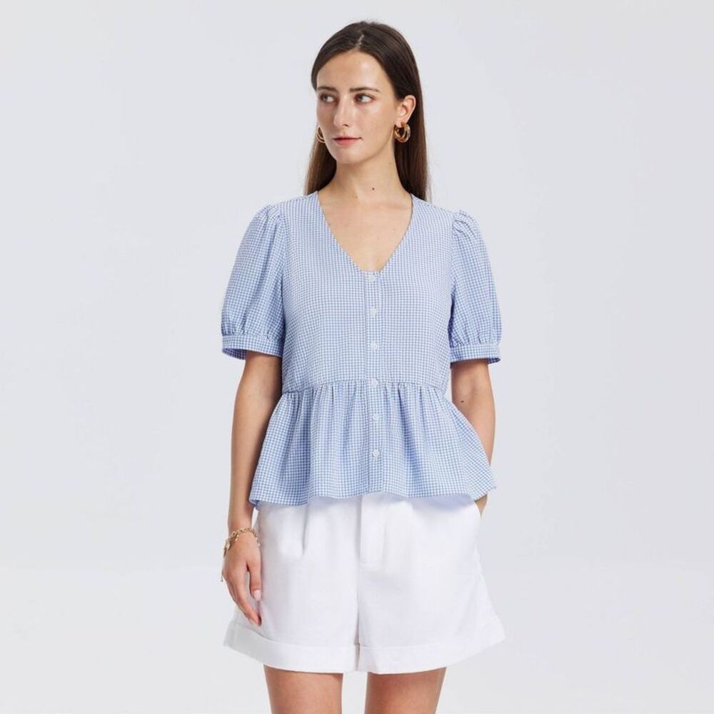 Women's Puff Elbow Sleeve V-Neck Peplum Top - Light Blue Gingham Check XXL